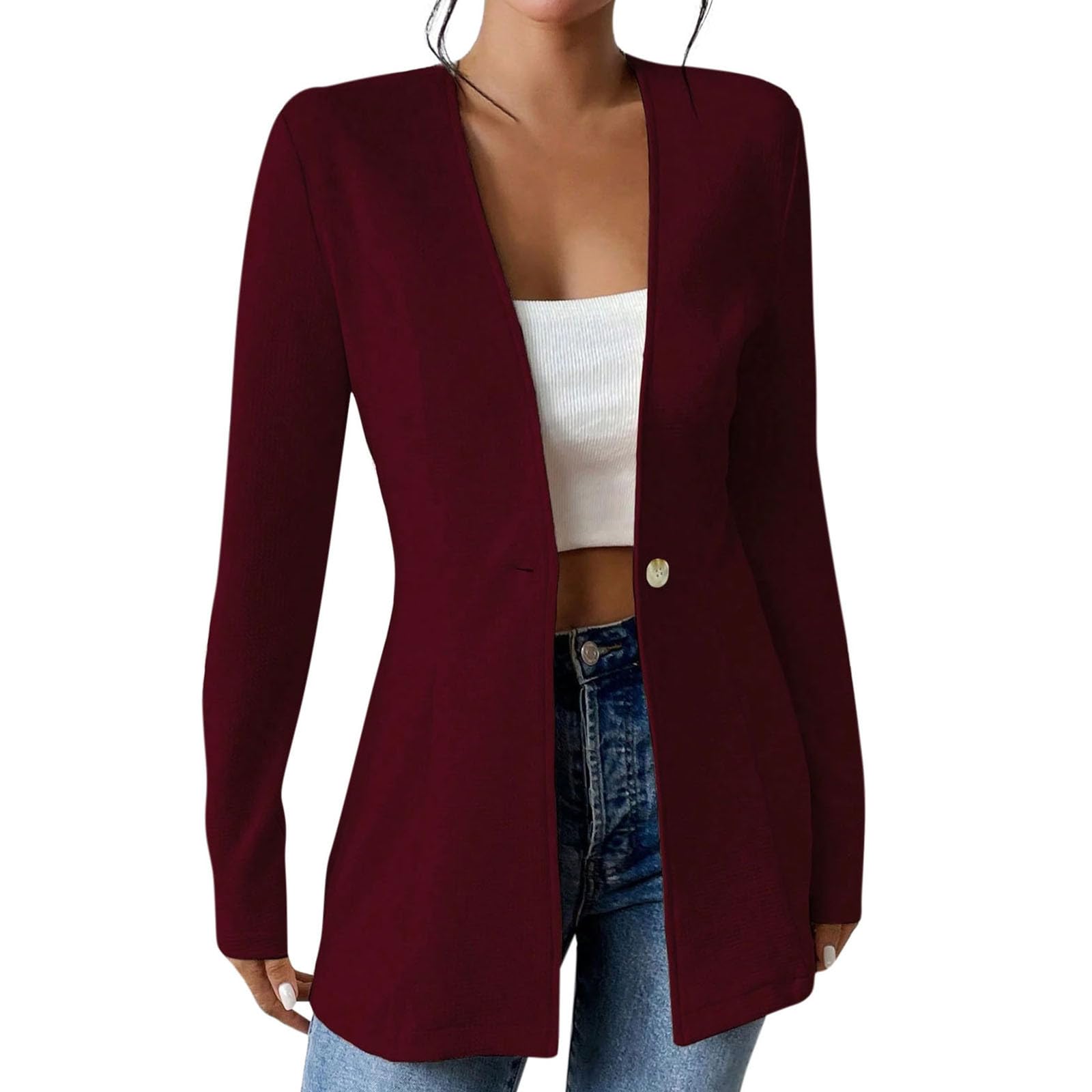 Womens Blazer Business Casual Collarless Long Sleeve Button Front Blazers Slim Work Office Suit Jackets with Pockets