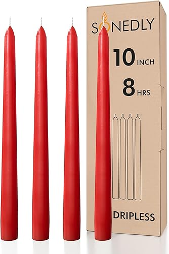 Paquete de 4 velas cónicas de 10 pulgadas, sin goteo y sin humo, para interior del hogar, sin perfume, color rojo ardiente de 8 horas para el hogar