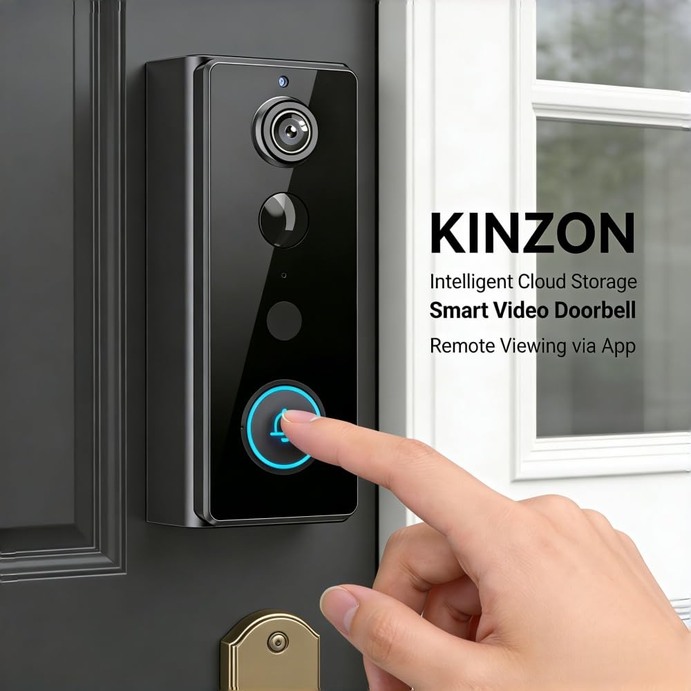 KinZon Sonnette Vidéo Extérieure avec Carillon sans Fil 2K, Caméra Grand Angle, Batterie Autonomie 3 à 5 Mois, Détection IA + PIR, Vision Nocturne, Audio Bidirectionnel, IP65 Étanche, Wi-FI 2,4 GHz
