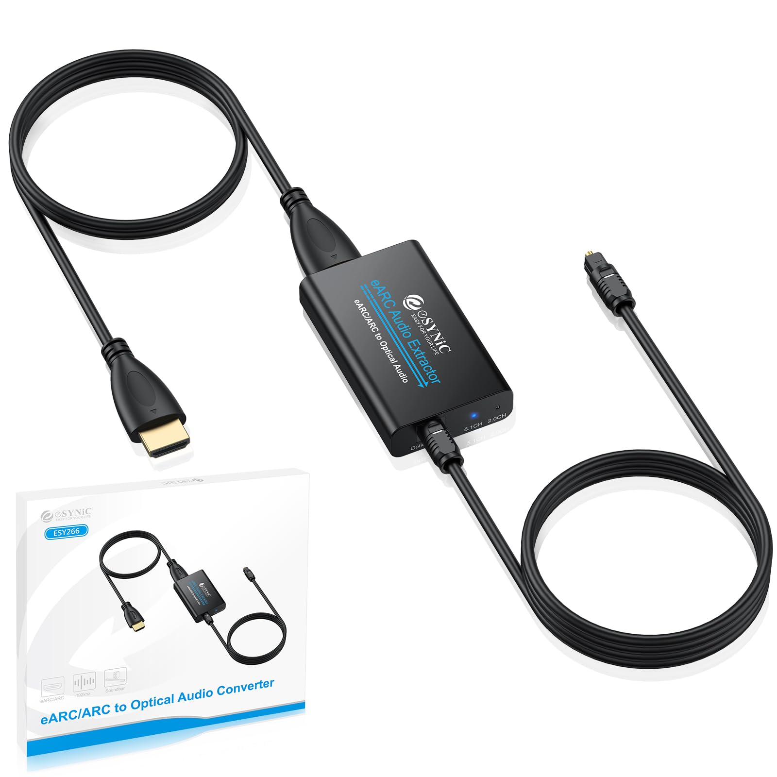 eSynic Professioneller 192 kHz eARC ARC Audio-Extraktor ARC HDMI auf optischen Audio-Extraktor mit HDMI und optischem Kabel, unterstützt 5.0 und 2.0 Audio-Format für HDTV zu Soundbar (muss TV eARC ARC