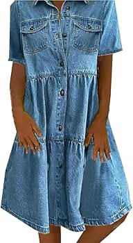 SY  Women's Distressed Denim Dress Casual Shirt Dress Loose Short