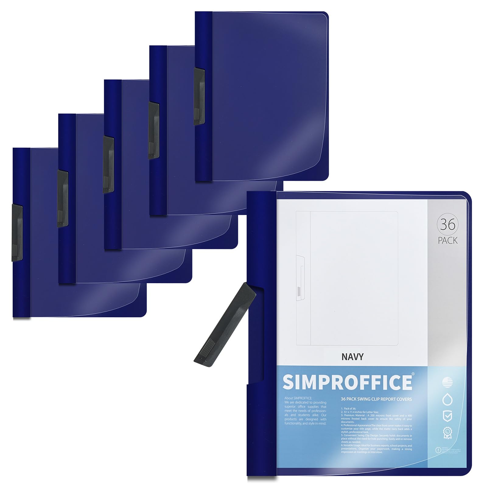 SIMPROFFICE 36 Pack Swing Clip Report Covers, Plastic Presentation Folders with Clip for Professional Use, Clear Front and Navy Blue Frosted Back, 9 x