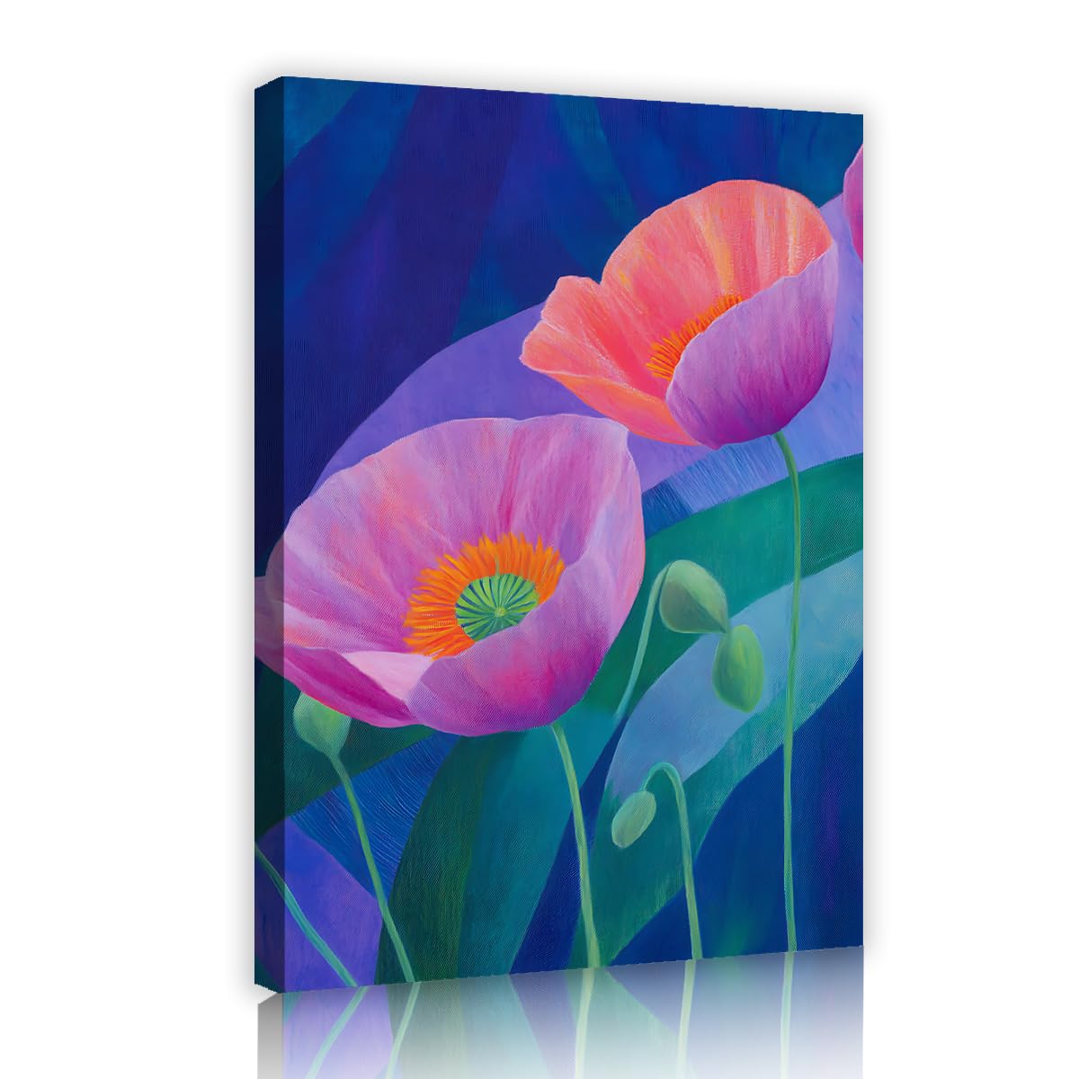 TOANGWALL Vibrant Poppy Framed Canvas Wall Art Purple Blue Background Poster Prints Abstract Floral Picture Artwork for Living Room Bedroom Studio Decor 75x115cm
