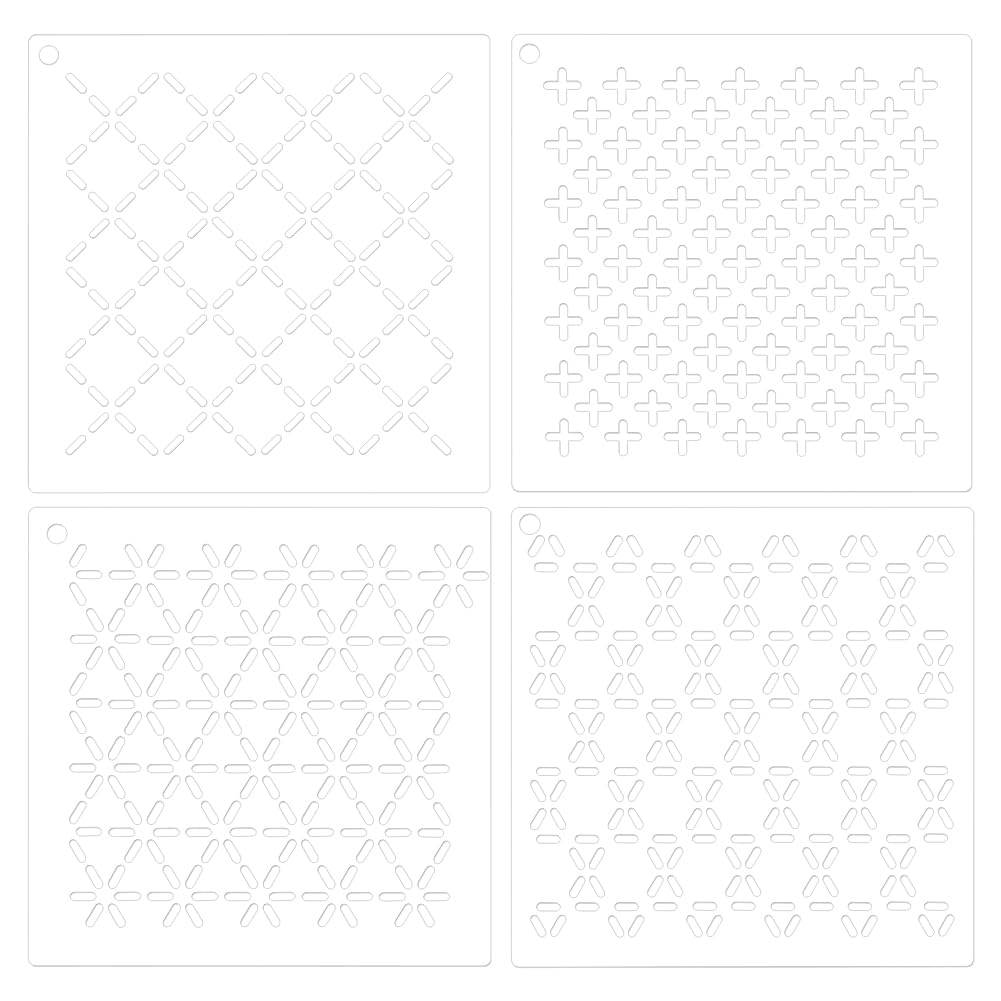 BENECREAT 4点 アクリル刺し子ステンシル 刺し子テンプレート 12x12cm クロス 菱形 三角形 六角形 アクリル刺繍ツール 描画線テンプレート ハンドキルティング 厚さ2.5mm