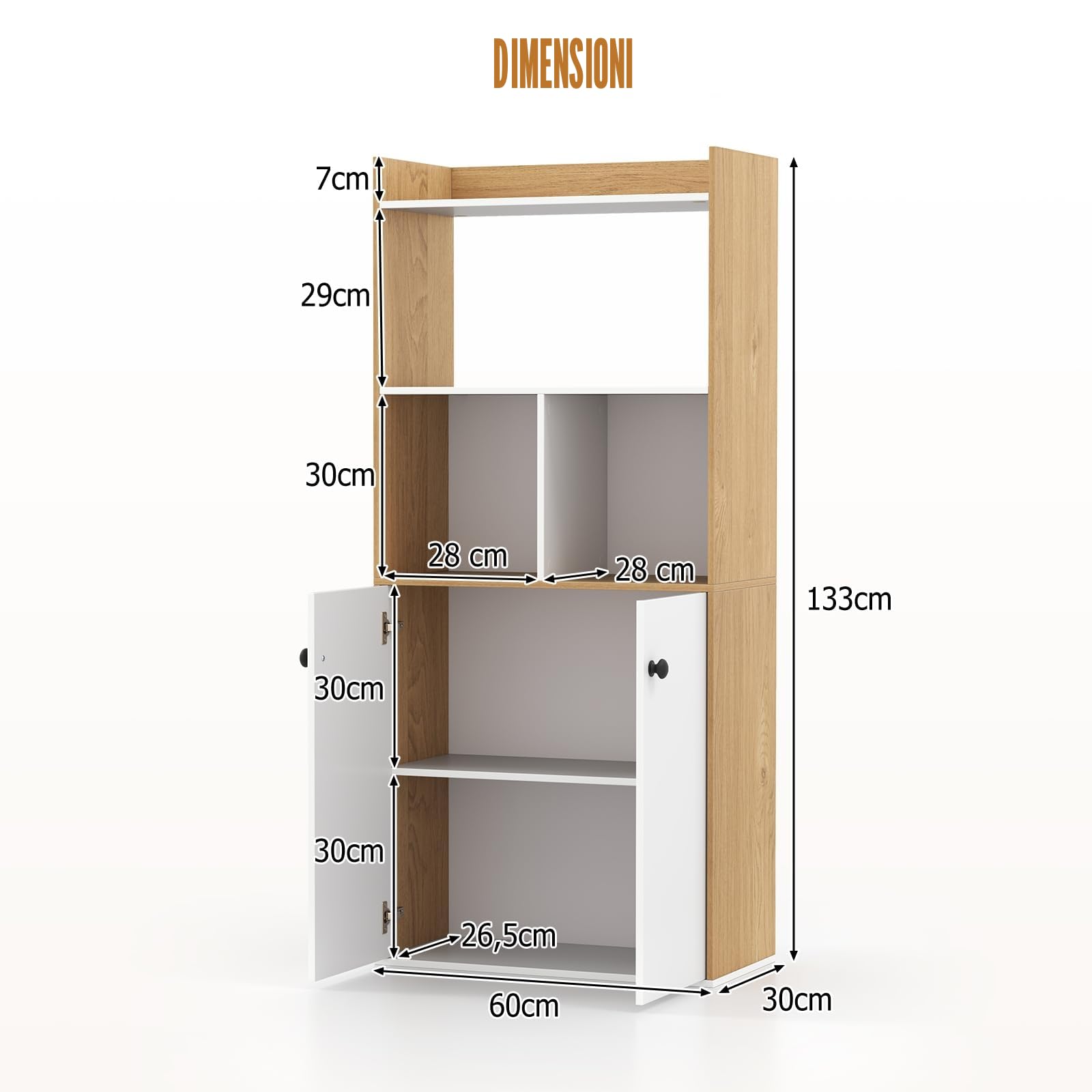 KOMFOTTEU Libreria Verticale in Legno con Armadio a Ante e 2 Ripiani Aperti, Libreria Scaffale, 60 x 30 x 140 cm (Bianco e Naturale)