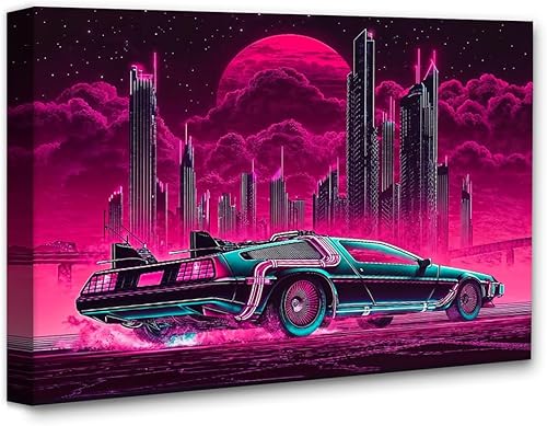 Miniatura 1 de Back to the Present - Cyberpunk DeLorean 18x24 Stretched Canvas, Retro-Futuristic Neon City Poster, Futuristic Time-Travel Car Art, Sci-Fi Wall Art,