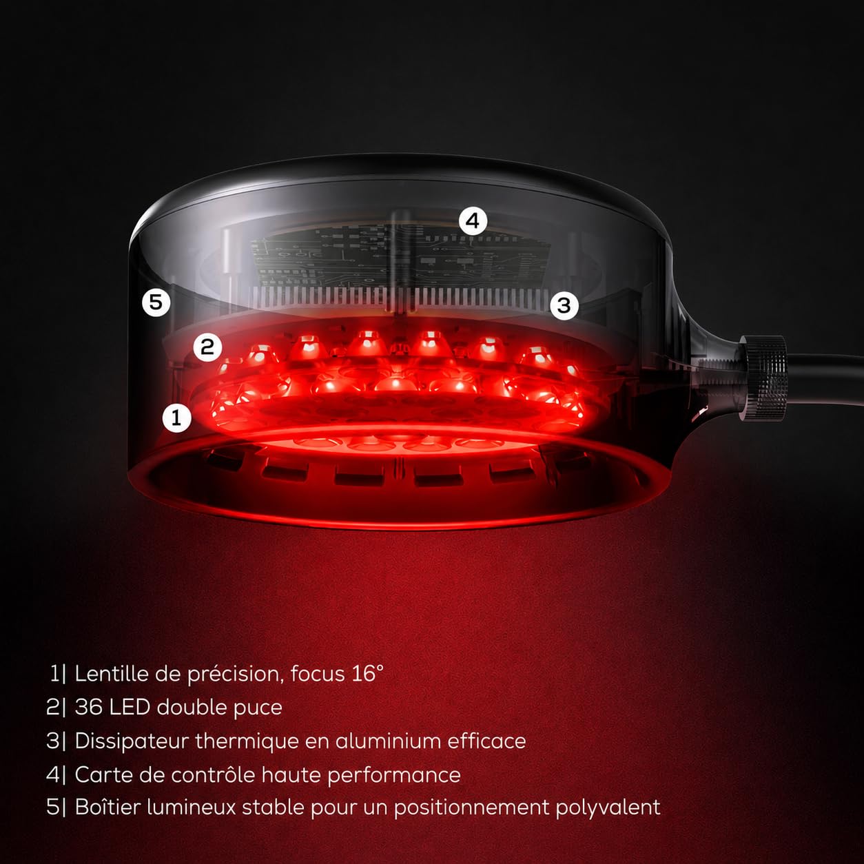 Gen30 Lampe LED à lumière rouge avec 6 longueurs d'onde (630-850 nm) | Lampe lumière rouge et infrarouge proche avec mode vision 670 nm | Réglable en hauteur en continu, mode impulsion (noir)