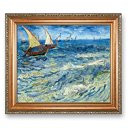 A&T ARTWORK Seascape at Saintes Maries 1888 Vincent Van Gogh.Framed Size:24.5x20.5 inches,Image Size:20x16 inches World Classic Reproductions For HomeDecor,Italy Style Luxurious Gold Embossing Frame