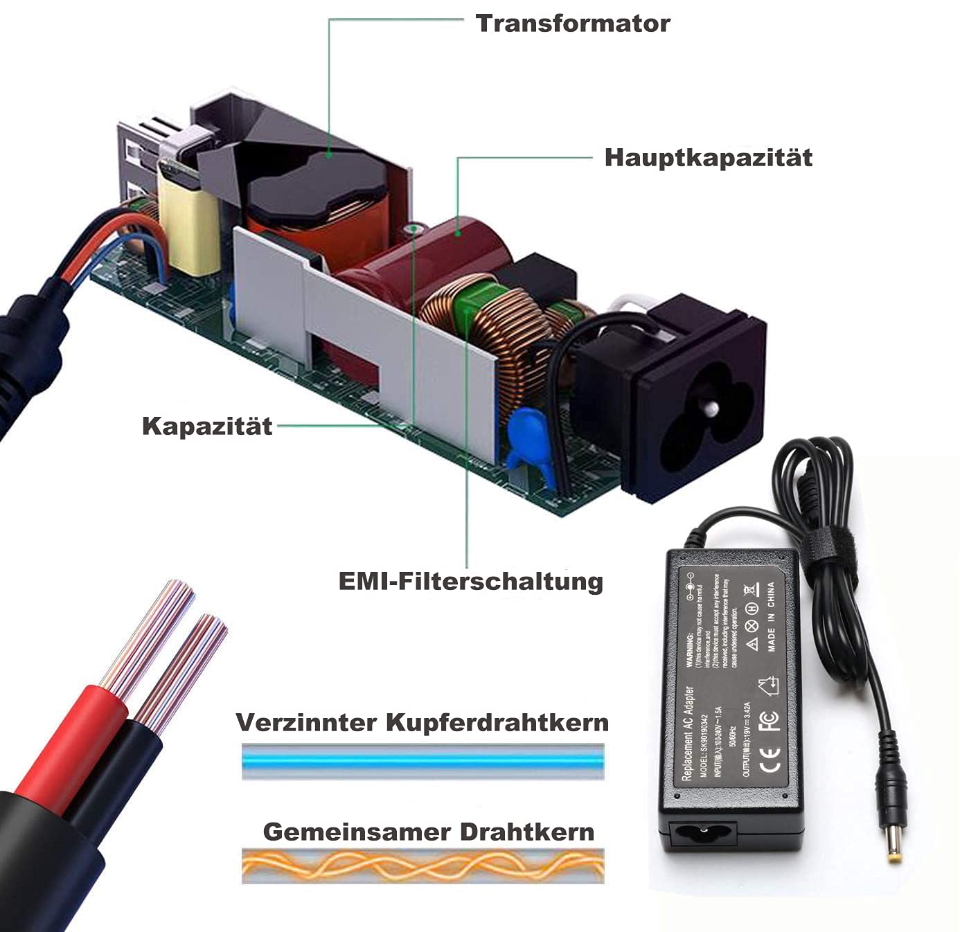 Alimentatore 65W Per Acer Swift PA-1650-50 Con Spina UK 3 Pin, Punta 3.0x1.1mm