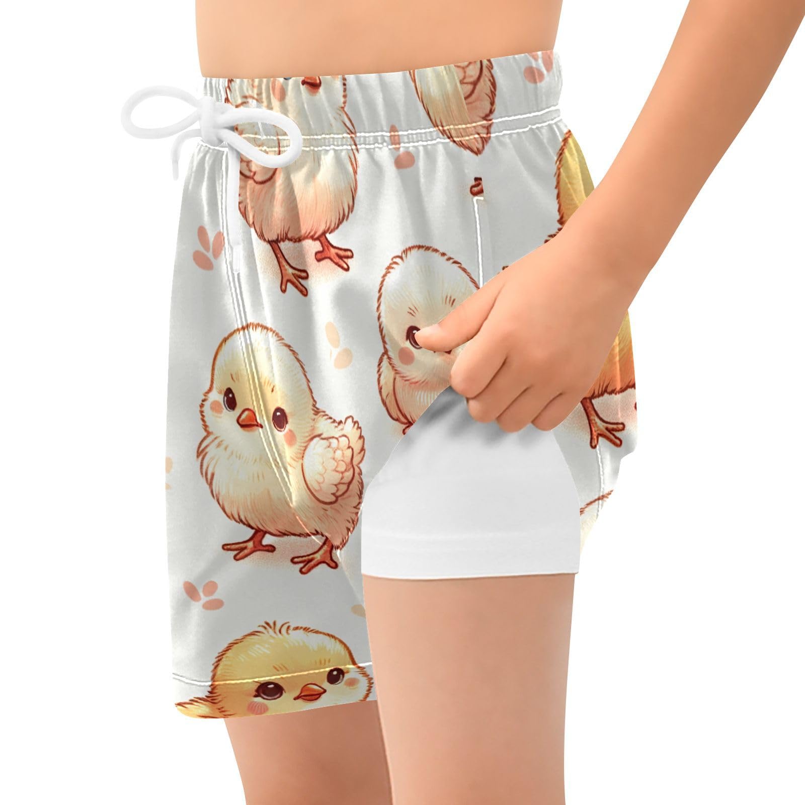 YANENDIE Boy Swim Trunks with Compression Liner Cute Chicks Boys Swim Shorts Quick Dry Beach Shorts