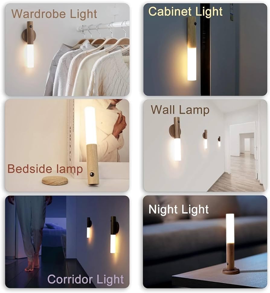 Image of ZENOVIA Magnetic Motion Sensor Night Light, Light Wood Color | USB Rechargeable, LED Cabinet & Wall Light, Wooden Finish, Portable Stick Lamp, For Wardrobe, Bedroom, Staircase & Corridor