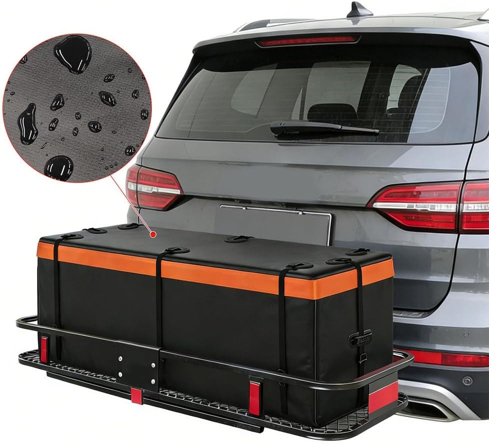 Hitch Mount Cargo Carrier 60 x 20 Inch Folding Luggage Basket with Waterproof Cargo Bag Net Straps Lock and Stabilizer, Heavy Duty Steel Rack for SUV Pickup Truck 500 LBS Capacity