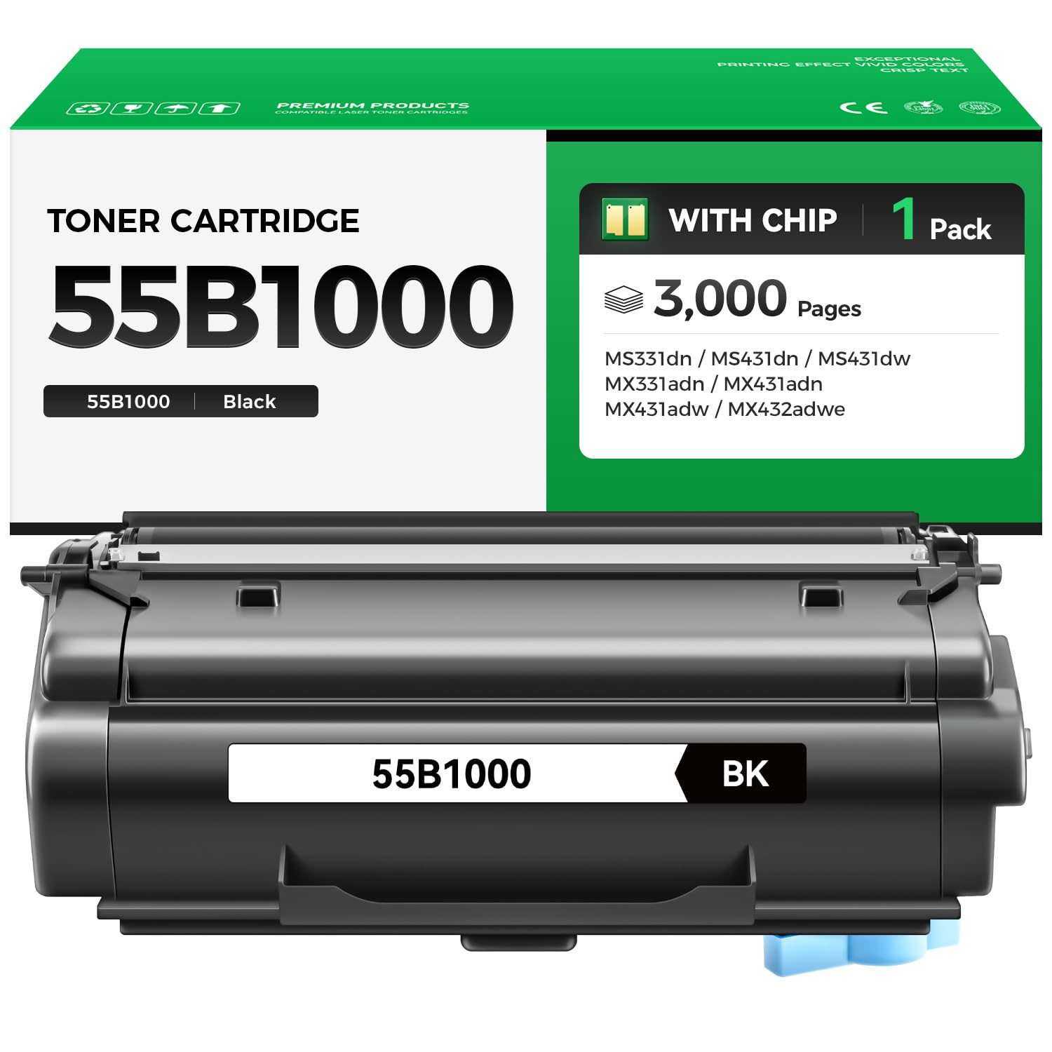55B1000 Toner Cartridge with Chip Replacement for Lexmark 55B1000 55B1H00 Compatible with Lexmark MS331 MS431 MX331 MX431 MS331dn MS431dn MS431dw MX331adn MX431adn MX431adw MX432adwe Laser Printer Ink