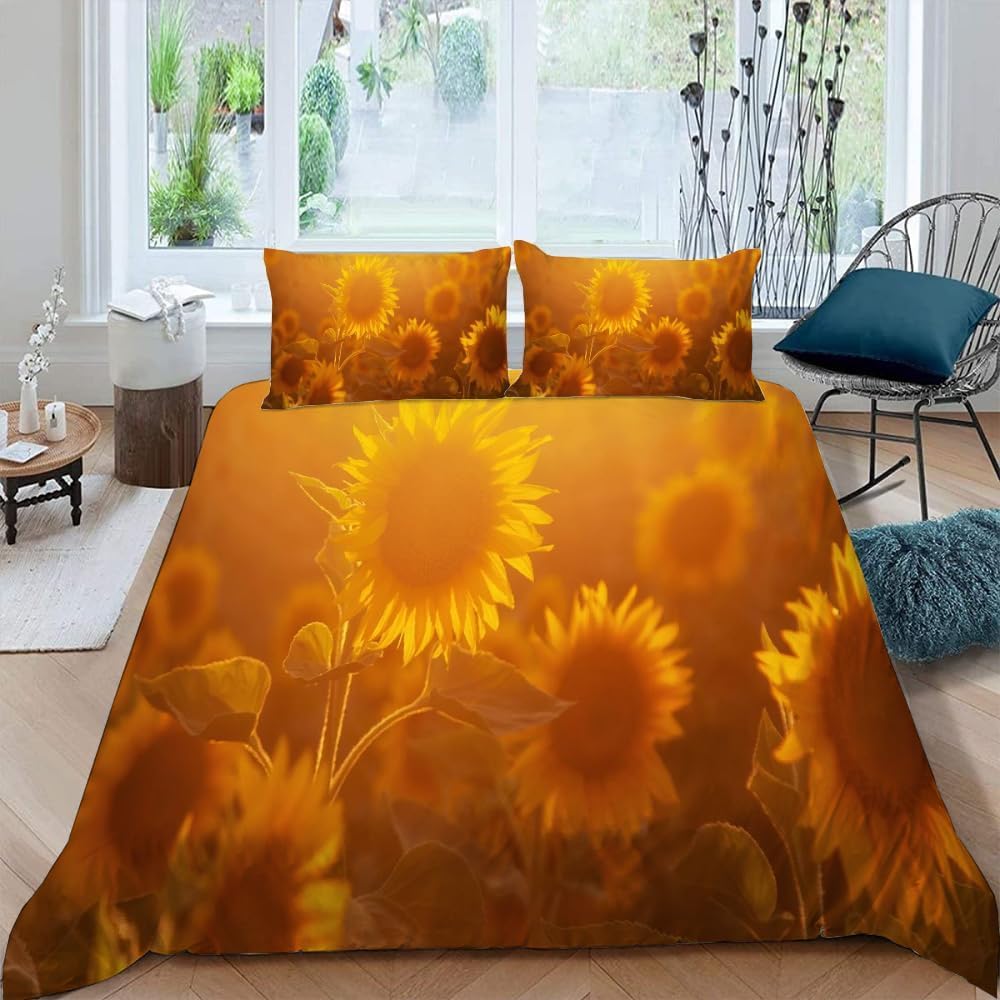 3D Sunflower King Size Duvet Cover Sets Rustic Bedding Set Soft Microfibre Quilt Cover 230x220 cm and 2 Pillowcases 50x75 cm G-H1007