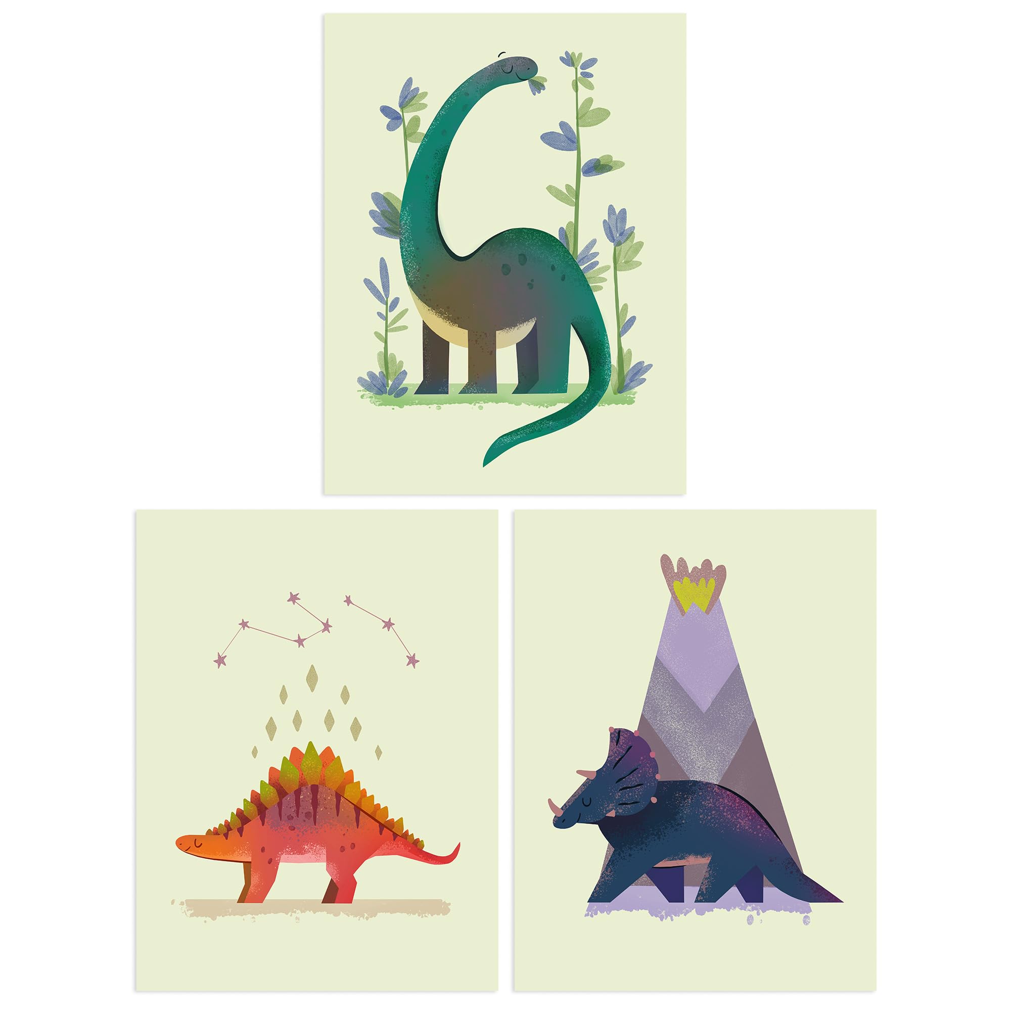 Wee Blue Coo Pack of 3 A4 Kids Bedroom Cute Dinosaurs Stegosaurus Apatosaurus Triceratops Pastel Colour Boy Girl Unframed Wall Art Living Room Prints Set