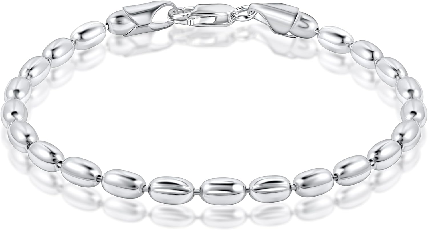 PORI JEWELERS 925 Sterling Silver Italian 3MM or 4MM Oval Bead Ball Strand Chain Bracelet for Women 7, 7.5, 8 Inch Made in Italy