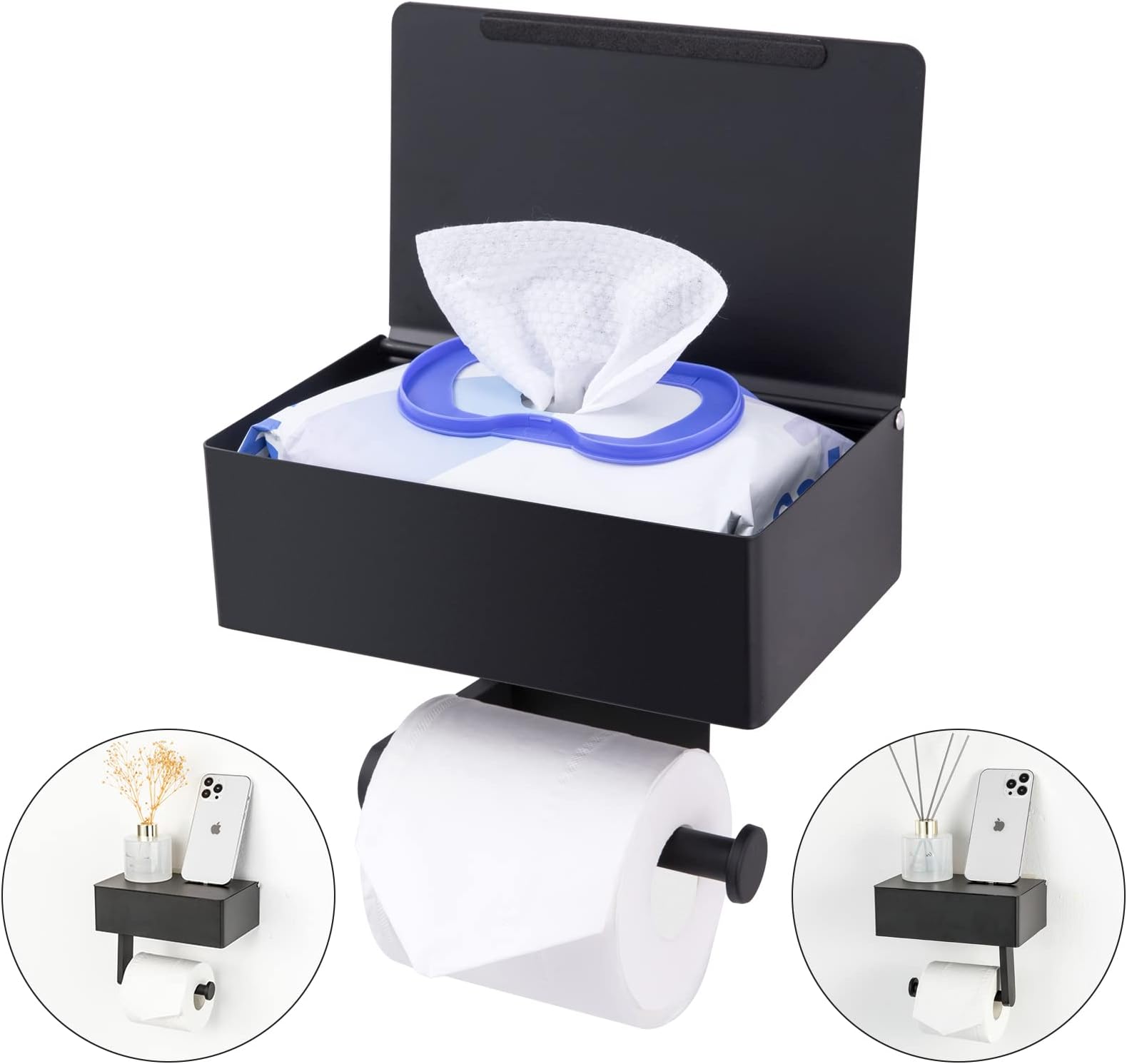 Adhesive Toilet Paper Holder with Shelf and Storage, Wall Mount Toilet Paper Roll Holder & Flushable Wipes Dispenser Set Fits Any Bathroom, Stainless Steel Tissue Holder-Round, Matte Black