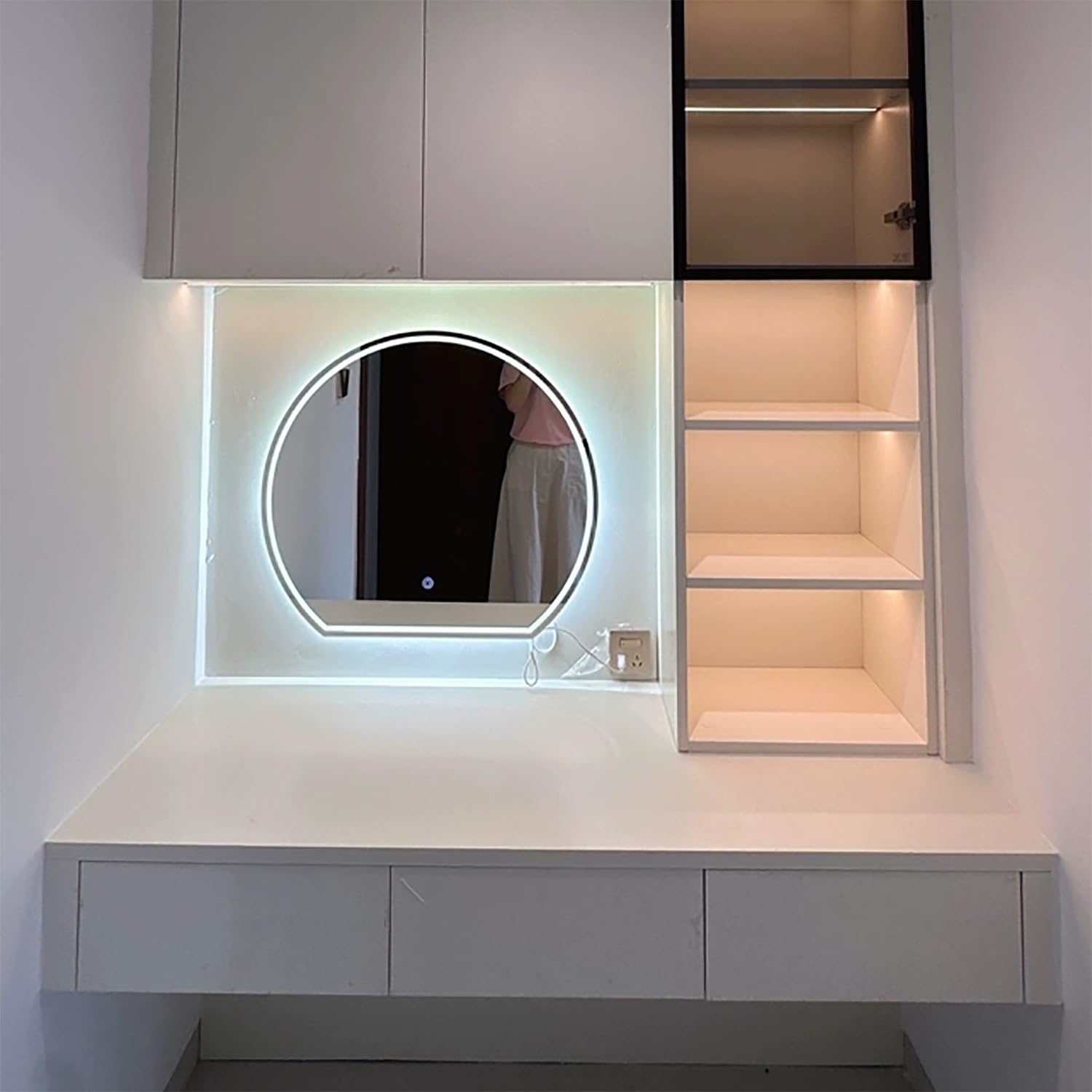 Specchio da Trucco Parete Mezza Luna a LED 80×90cm, Specchio Semicerchio da Bagno Intelligente 70×80cm con 3 Colori di Luce, Anti-Appannamento(Frontlit,100cm/40inch)