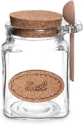 Saleiro de Vidro Grosso com Colher Madeira e Tampa Rolha Cortiça Capacidade 300 Gramas