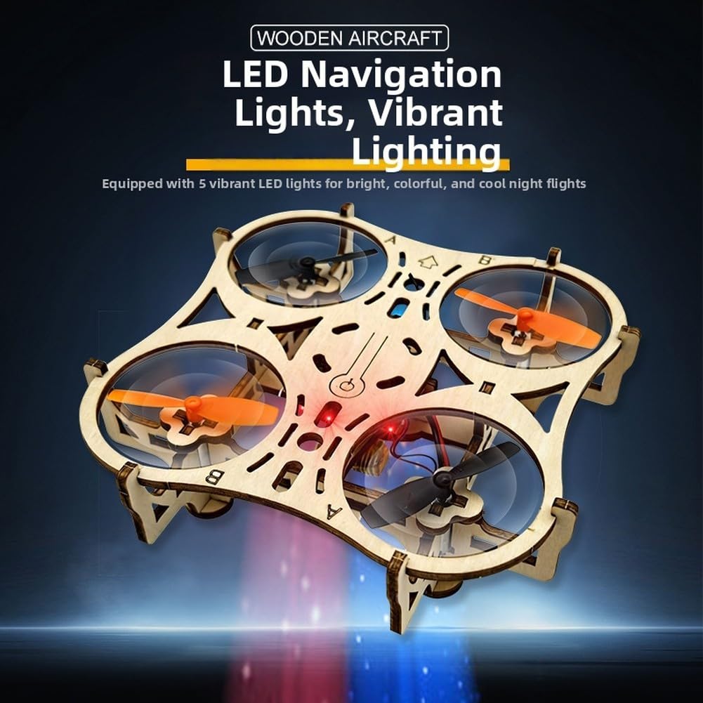 Holz-Drohnen Bausatz zum Selberbauen, RC Quadcopter mit LED-Lichtern, 360° Stunts, Intelligente Schwebefunktion, 3 Geschwindigkeitsstufen, Ferngesteuertes Flugzeug für Anfänger und Experten