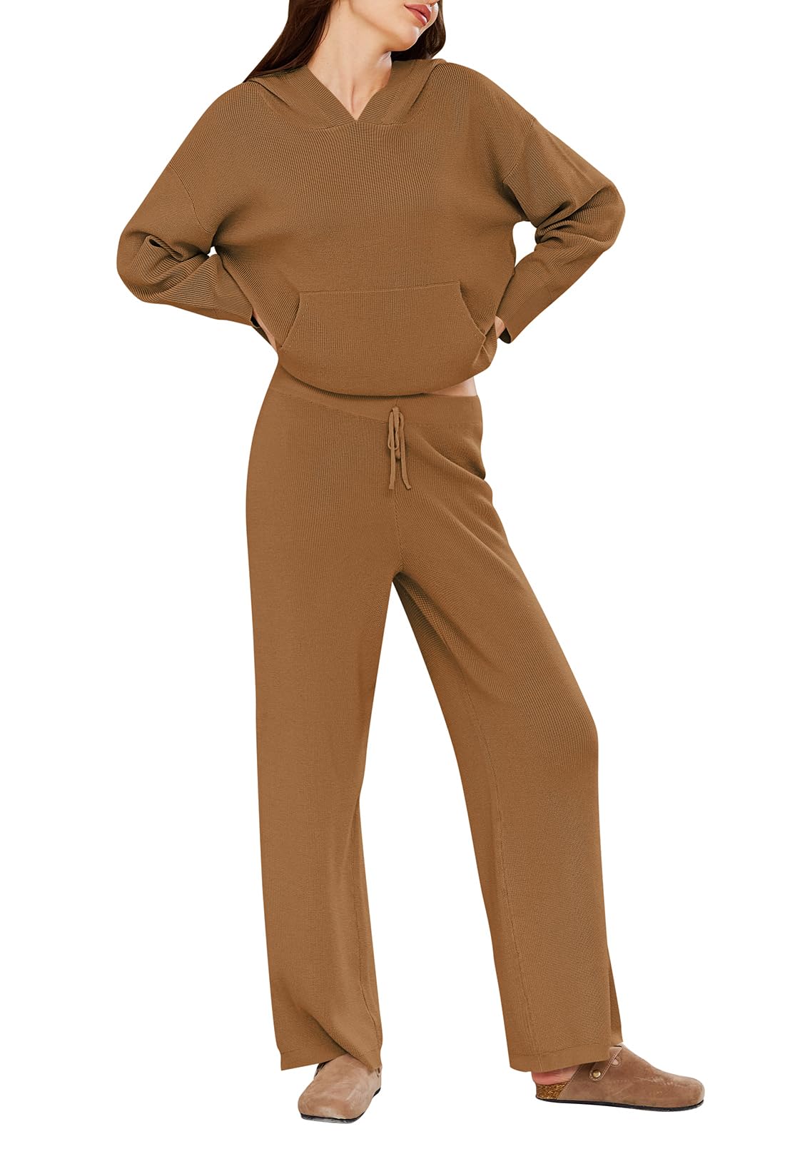 Pink Queen Women's 2 Piece Sweater Outfits Set Oversized Pullover Hoodie Wide Leg Pants Loose Knitted Sweatsuit