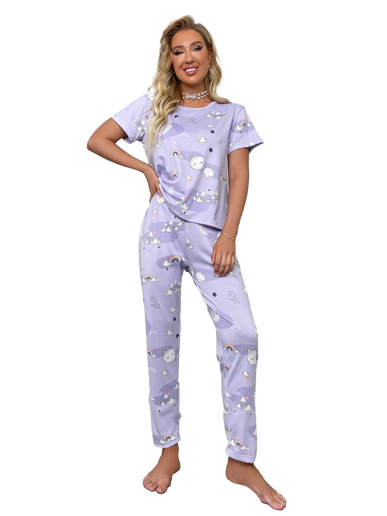 SMOWKLY Printed Round Neck Short Sleeve Nightsuit Set | Pajama Set | Casual Night Dress for Women