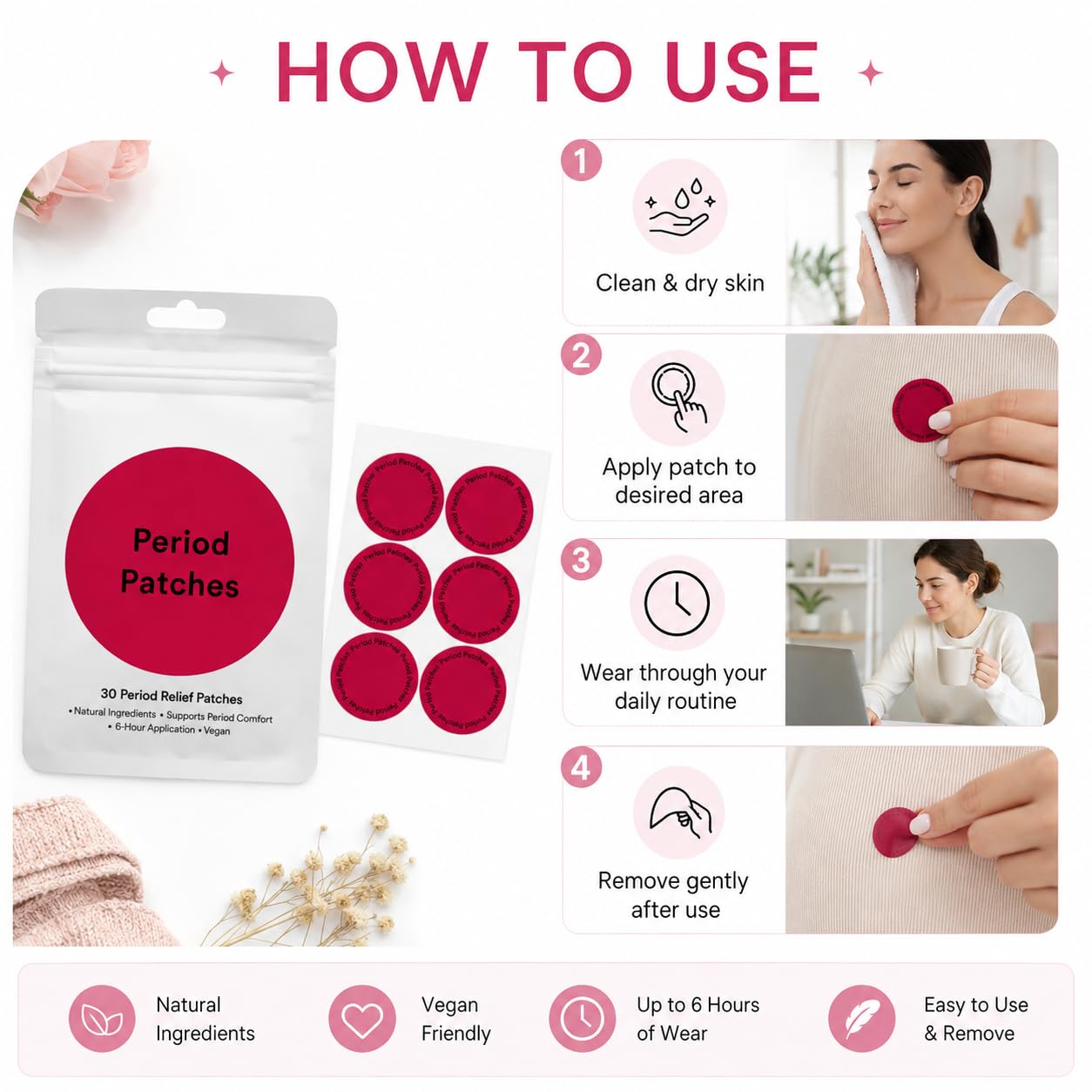 Período Comfort Patches, 180 parches de calentamiento menstrual