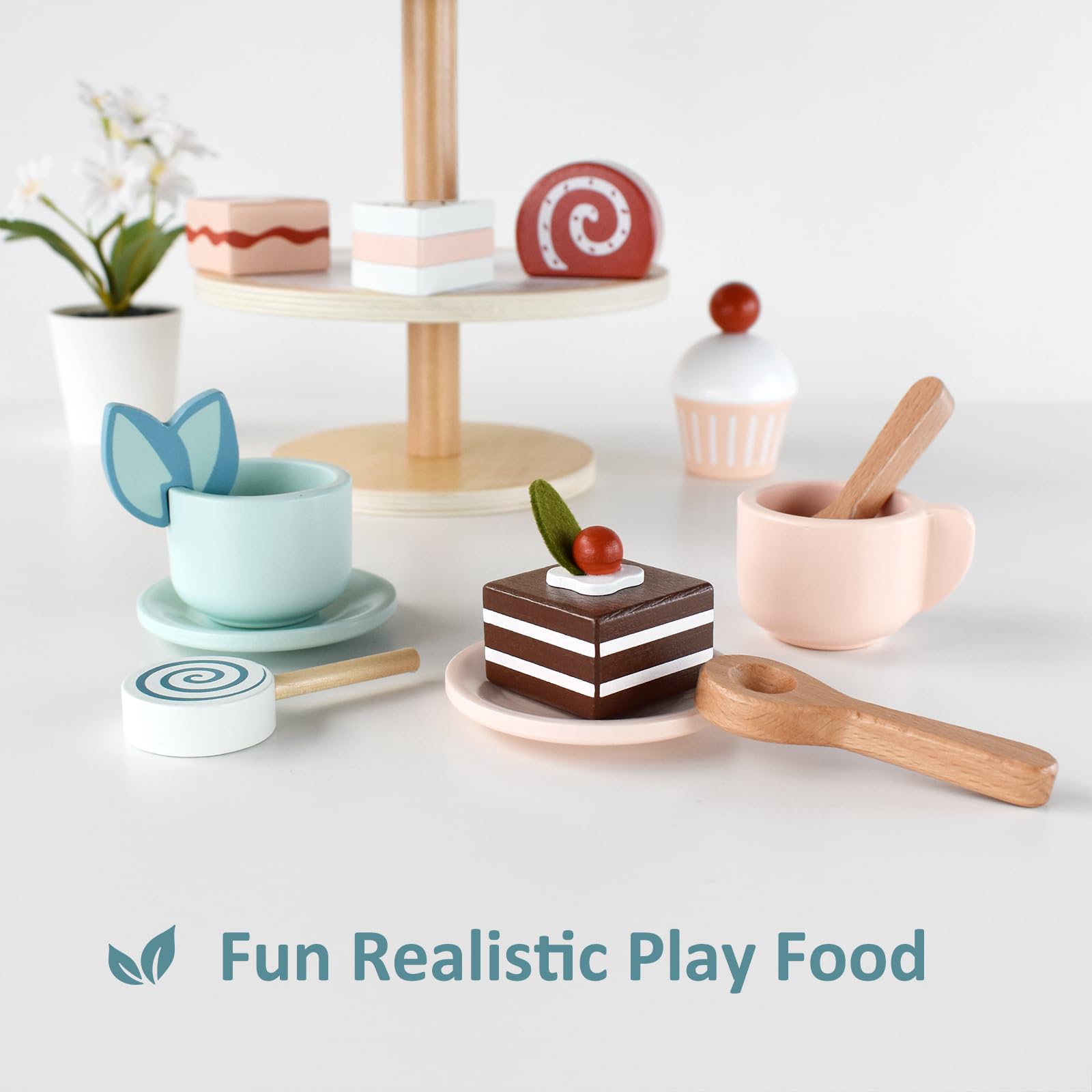 Juego de fiesta de té, juego de soporte de postre, juguetes de madera, juego de comida, accesorios de cocina para niños pequeños, regalo de cumpleaños 6