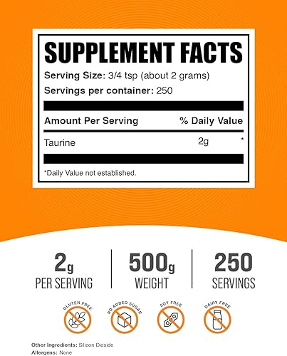 Miniatura 2 de bulksupplements.com Taurina en polvo - Suplemento de taurina, suplemento de aminoácidos para energía - Sin sabor y sin gluten, 2g por porción, 500g