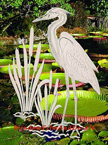 Egret & Cattails Right Oval Etched Window Decal Vinyl Glass Cling - 21" x 33" - Clear with White Design Elements -  Vinyl Etchings, LLC