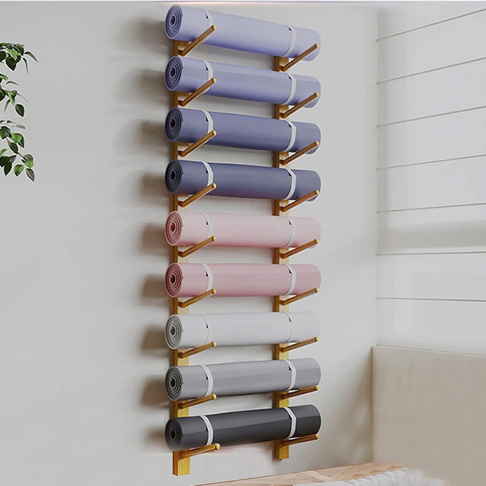 Soporte de pared de madera para colgar tapetes de ejercicio y 9 esterillas de yoga
