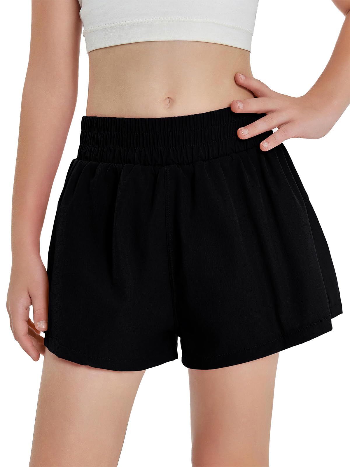 Haloumoning Girls Athletic Shorts High Waist Elastic 2 in 1 Running Shorts with Side Pockets 5-14 Years Black