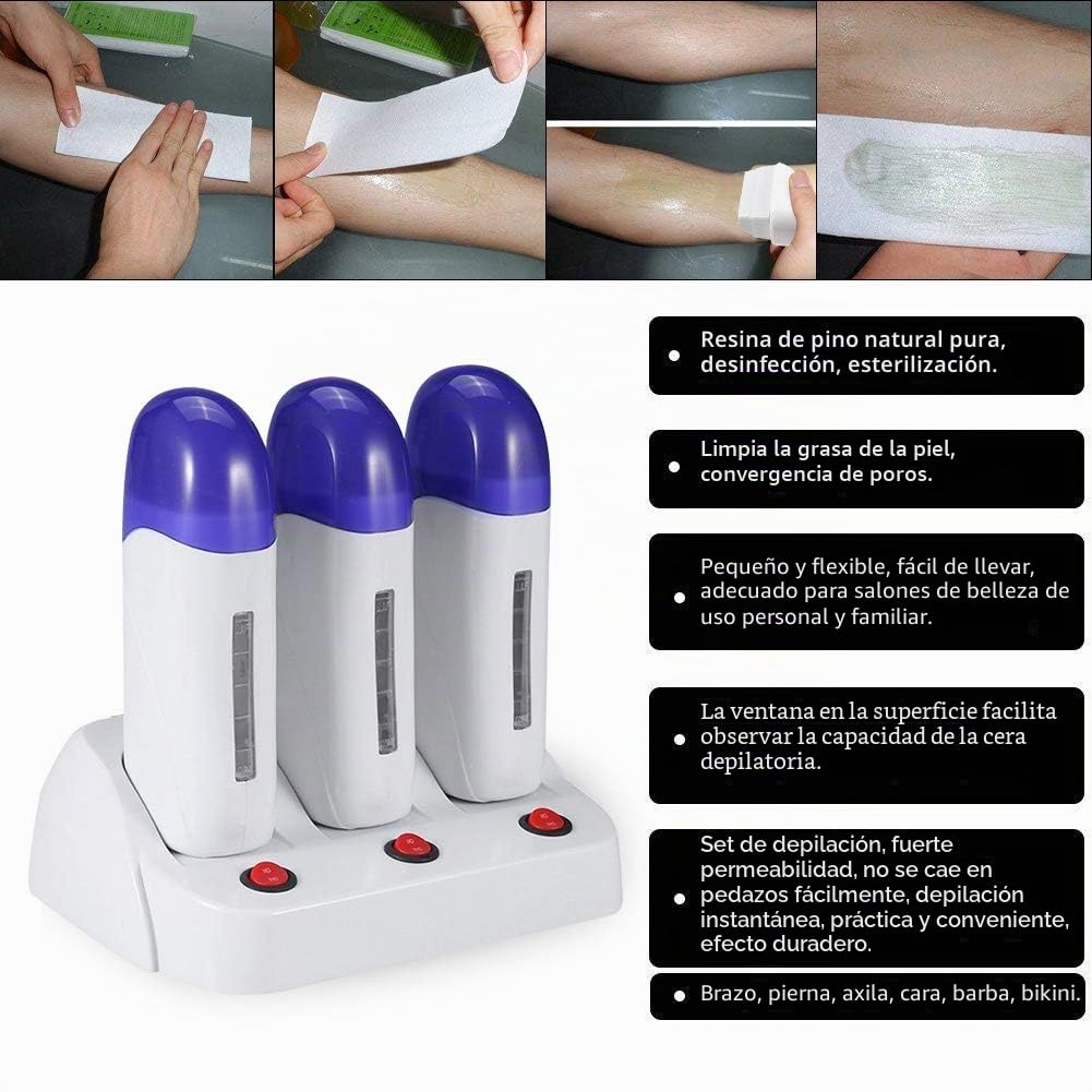 Calentador Cera, Calentador Roll On Cera, Dispositivo Eléctrico Encerado Enrollable, Calentador Cera Temperatura Controlada con Base Depilación, Máquina Depilación Piernas y Cuerpo En Casa(3 Pcs)