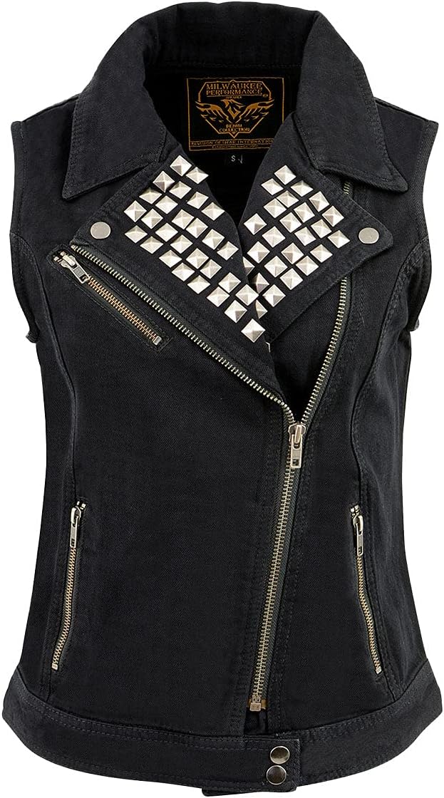 Milwaukee Leather MDL4030 Women's Black Denim Zipper Front Motorcycle Vest with Studded Spikes