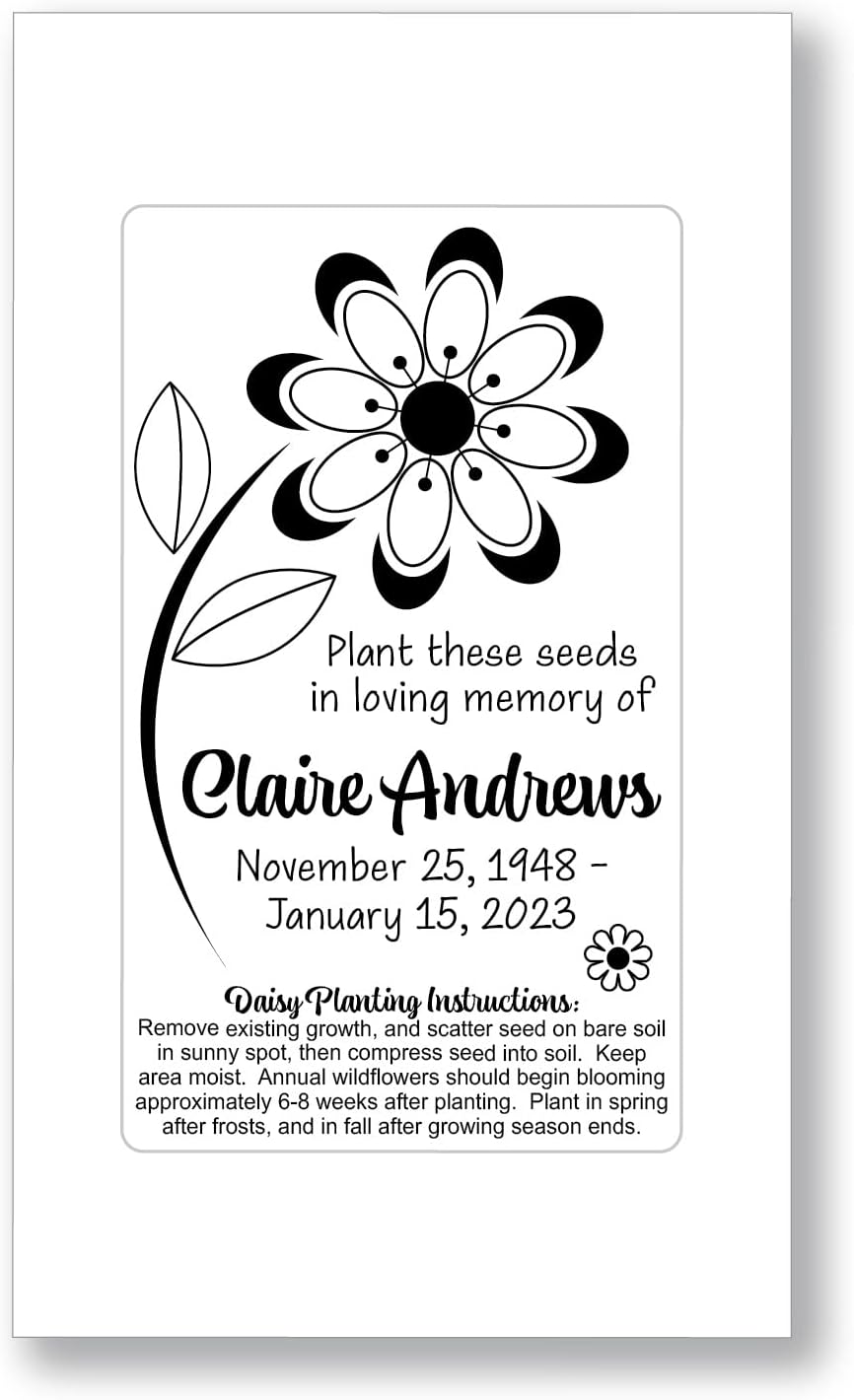 50 Personalized Daisy Memorial Funeral Seed Packets Favors Remembrance Celebration of Life, Black and White, Pink, Blue, Yellow, Purple