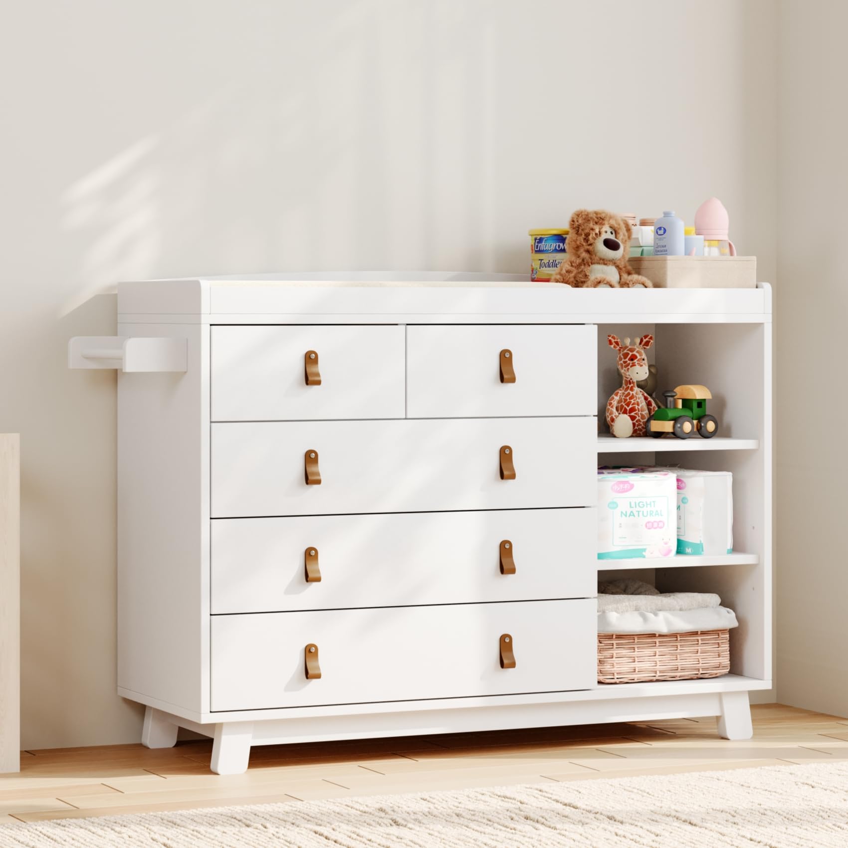 Cómoda para bebé Melidee con cambiador, 5 cajones y estantes ajustables, multifuncional, organizador para dormitorio infantil, color blanco