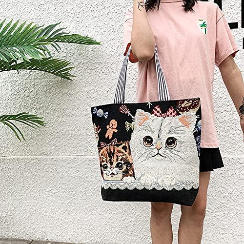 Image of Women's Canvas Cat Print Shoulder Bag - Cat Graphic Hobo Crossbody Handbag