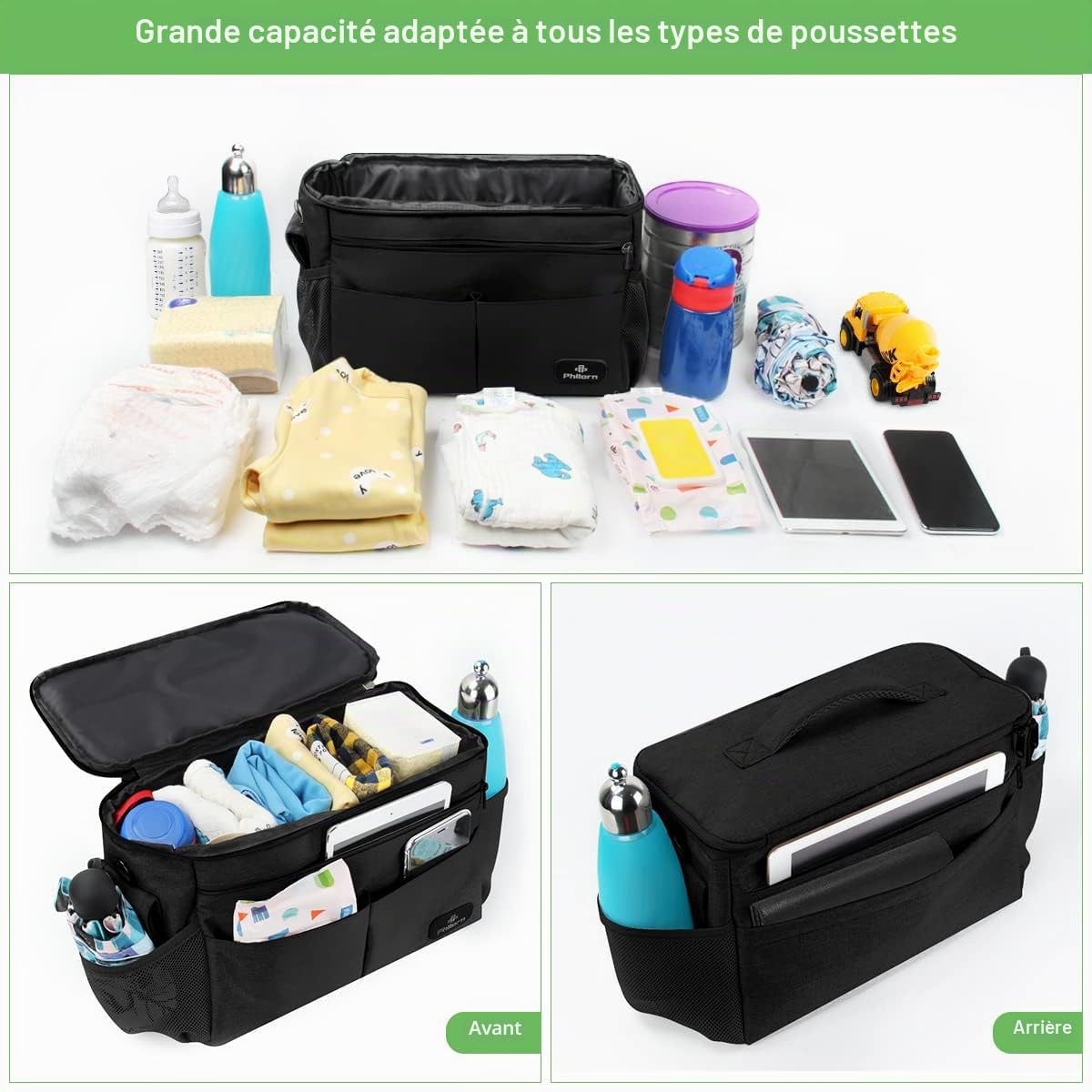 PHILORN Organiseur universel pour poussette avec porte-gobelets - Chariot d'organisateur pour poussette avec grande capacité de rangement Convient pour les poussettes comme Uppababy, Baby Jogger