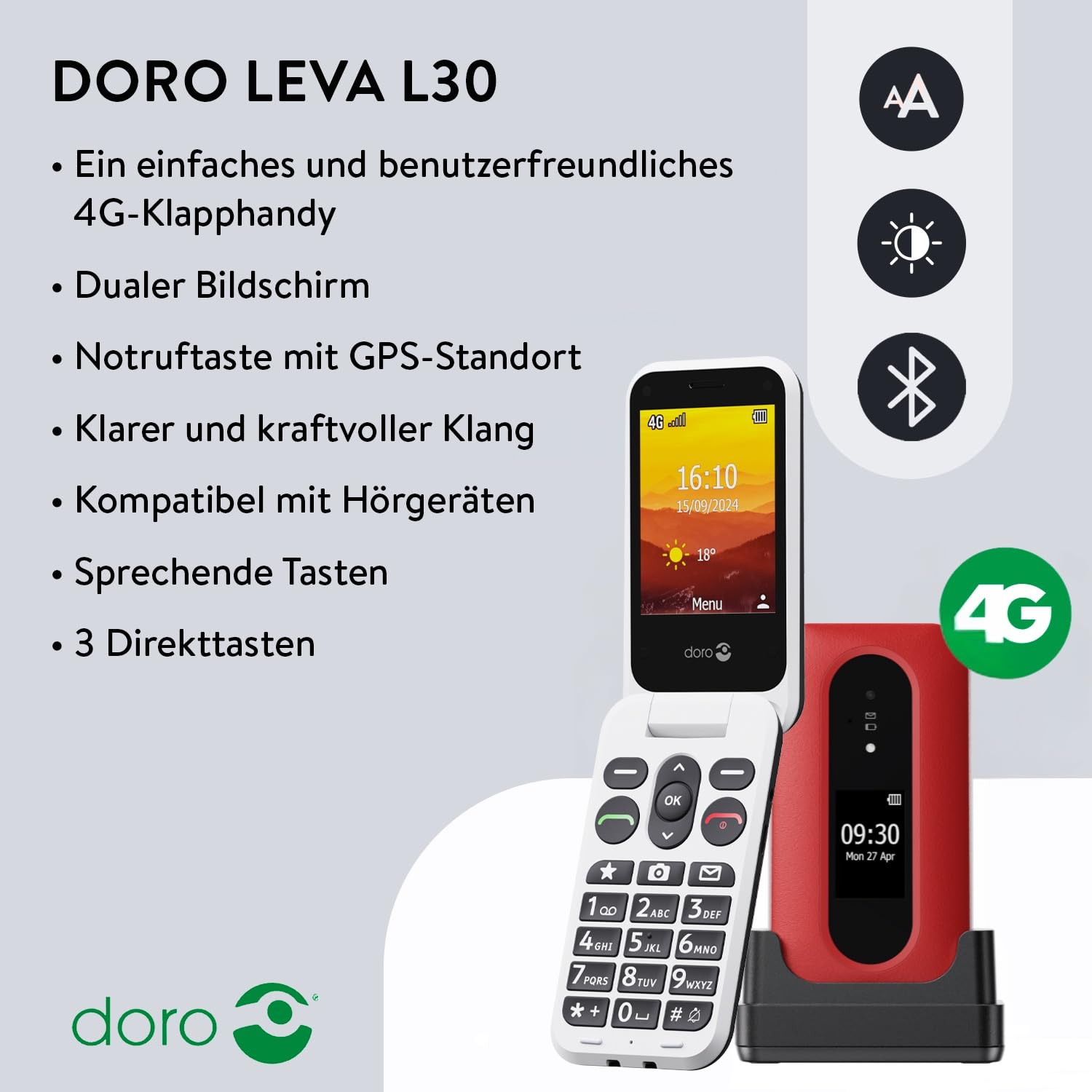 Doro - Leva L30 - Seniorenhandy - 4G-Klapphandy ohne Vertrag - Externes Display - HD-Audioqualität - Kamera - Notruftaste mit GPS - Inklusive Ladestation - Rot/Weiß