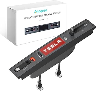 Red Logo Tesla USB Hub with Retractable Cables for Model 3 Model Y 2021~2023 Multi Port Tesla USB Charger Hub for Model 3/Y Accessories of Central Console Supporting USB/Type-C/PD Fast Charge