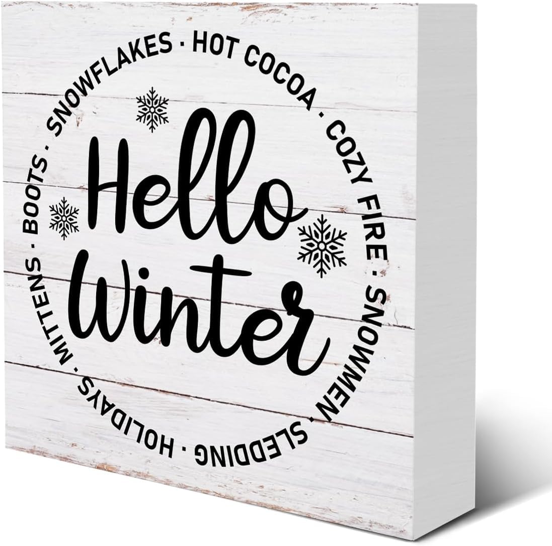 Hello Winter Box Sign 7x7 Inch Rustic Farmhouse Holiday Decor