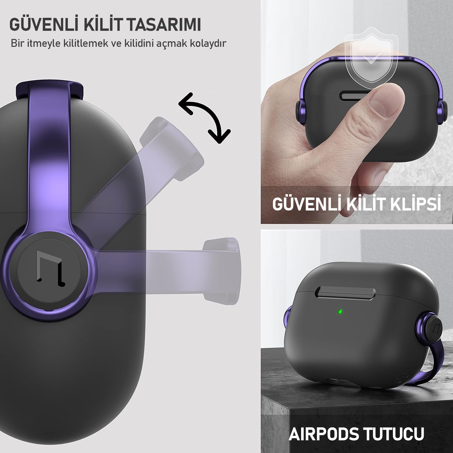 BUFF LABS Airpods Pro 3. Nesil ile Uyumlu DjPods Sert Malzemeli Kilitli Kapak Askı Aparatlı Kılıf (Siyah-Siyah)