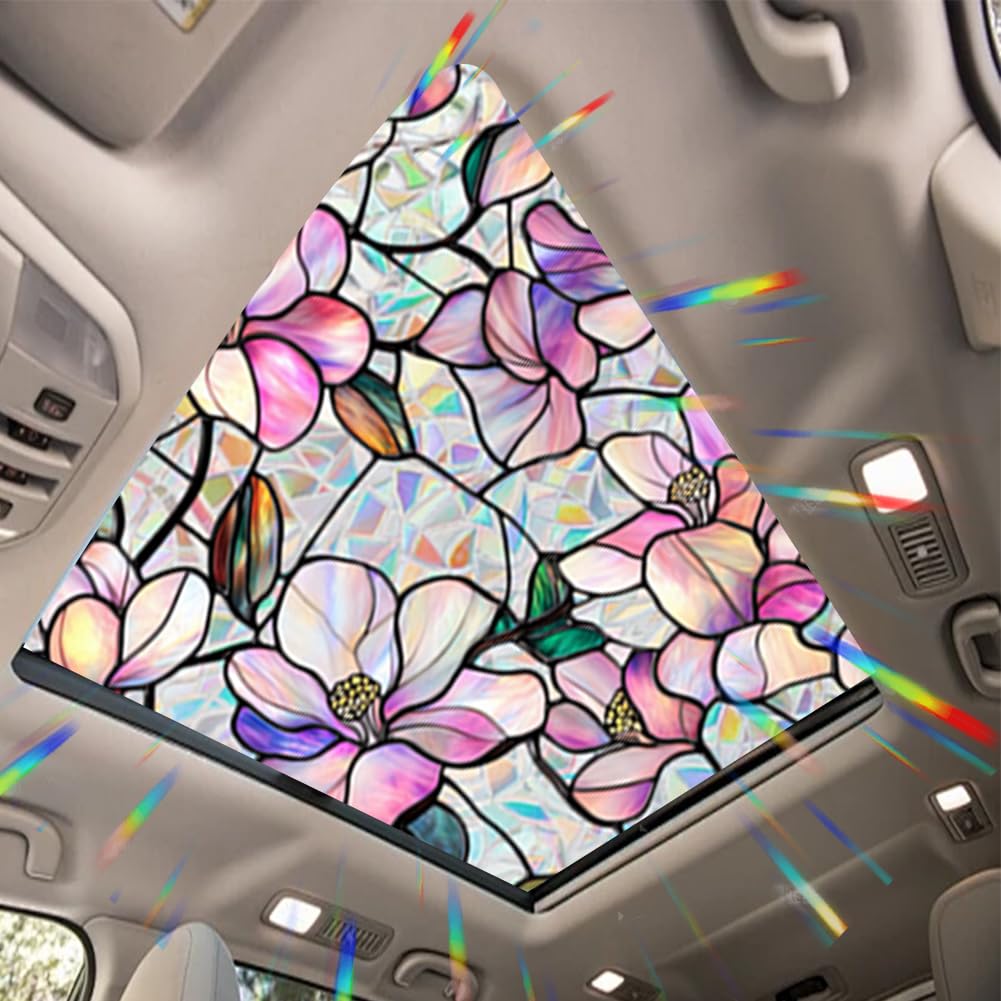 JOONOR Purple Magnolia Flower Sunroof Film Floral Rainbow Effect Static Clings Window Privacy Film Sun Protection Stained Glass Decals for Car Moonroof &amp; Side Windows, 17.72 x 35.43 Inch