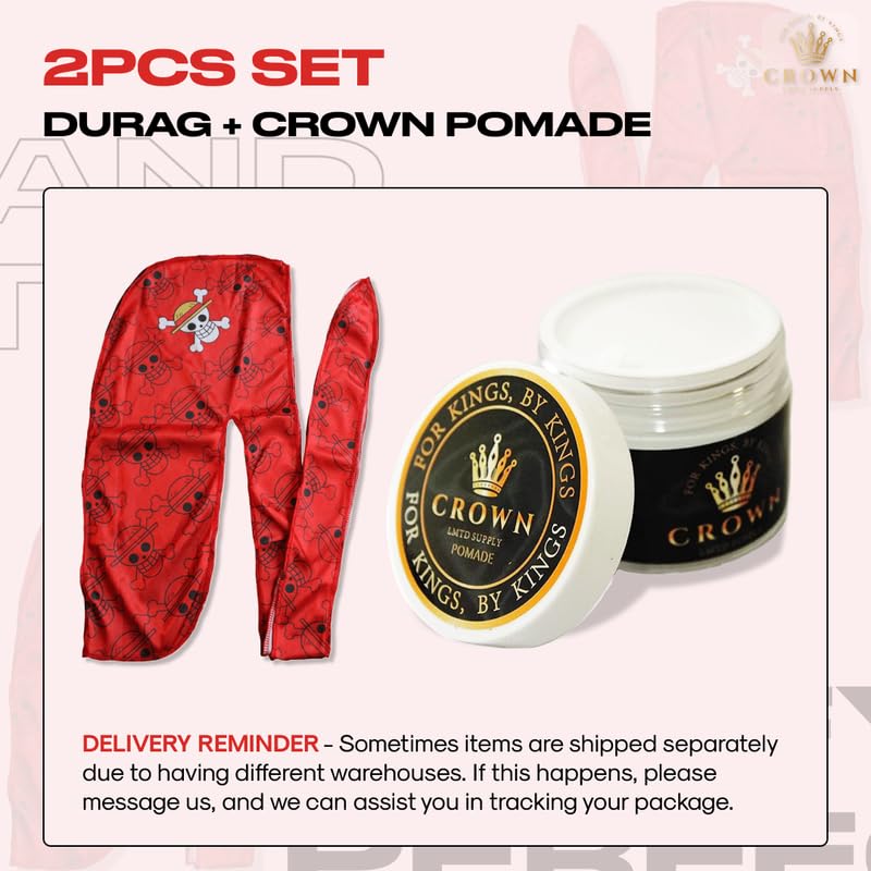 2pcs Set Anime Durag and 360 Pomade - Strong Hold Hair Gel Wave Cream, Satin Silk Durag Builder, 360 Wave Kit Water Based Pomade for Men (Red Skull B)