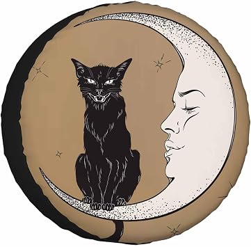 Black Cat Moon Spare Tire Cover for RV Trailer Halloween Magical Cat Wheel Protectors Weatherproof Polyester Tire Case for All Cars SUV Camper Travel 15 inch