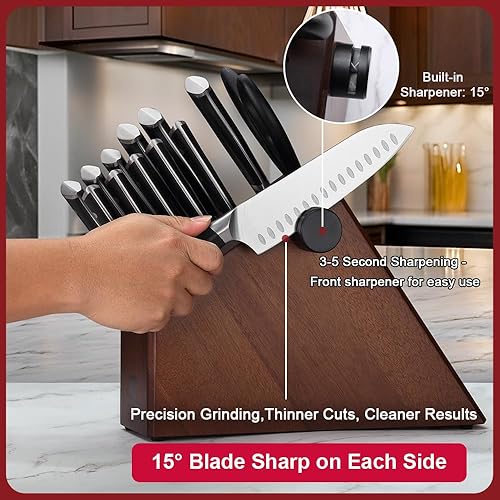 Miniatura 4 de Juego de cuchillos, juego de cuchillos de cocina de 15 piezas con bloque y afilador, acero inoxidable de alto carbono 50Cr15Mov, cuchillos