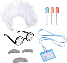 UILYNIU 7 Pièces Savant Fou Perruque Professeur Fou Perruque avec Moustache Sourcils Perruque Compte-Gouttes Carte Lunettes Nerd Laboratoire Deguisement pour Enfants Adultes Cosplay Halloween