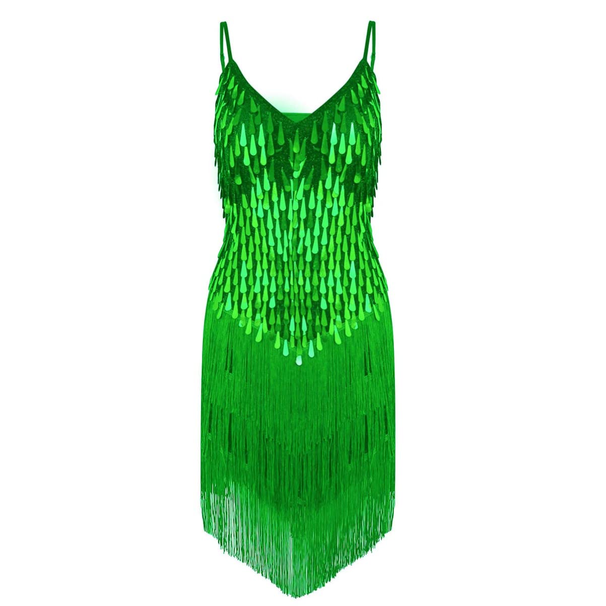 Chictry Women's Green Adult Sleeveless Sequin Fringe Tassels Ballroom Samba Tango Latin Dance Dress One Size