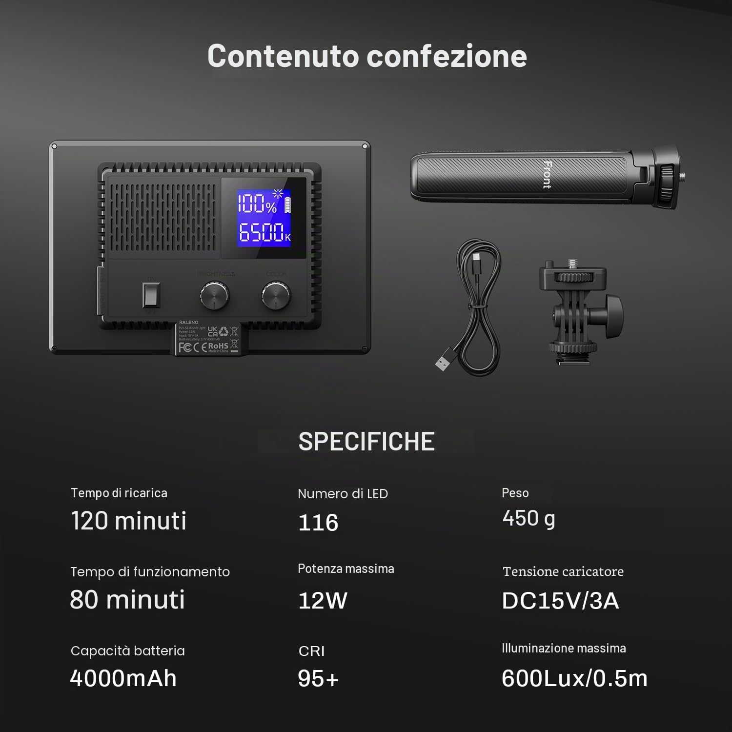 RALENO Luce per video a LED, Luci fotografiche video a LED con 4000 mAh, 95 CRI+ 600Lux, regolabile 2500K-6500K, con treppiede per YouTube, vlogging, video conferenze e illuminazione da studio