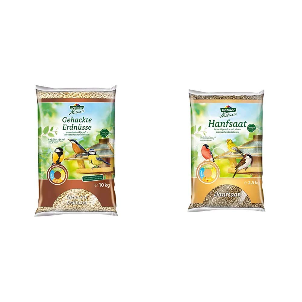 Dehner Natura Wildvogelfutter, gehackte Erdnüsse, 10 kg & Natura Wildvogelfutter, Hanfsaat, 2,5 kg
